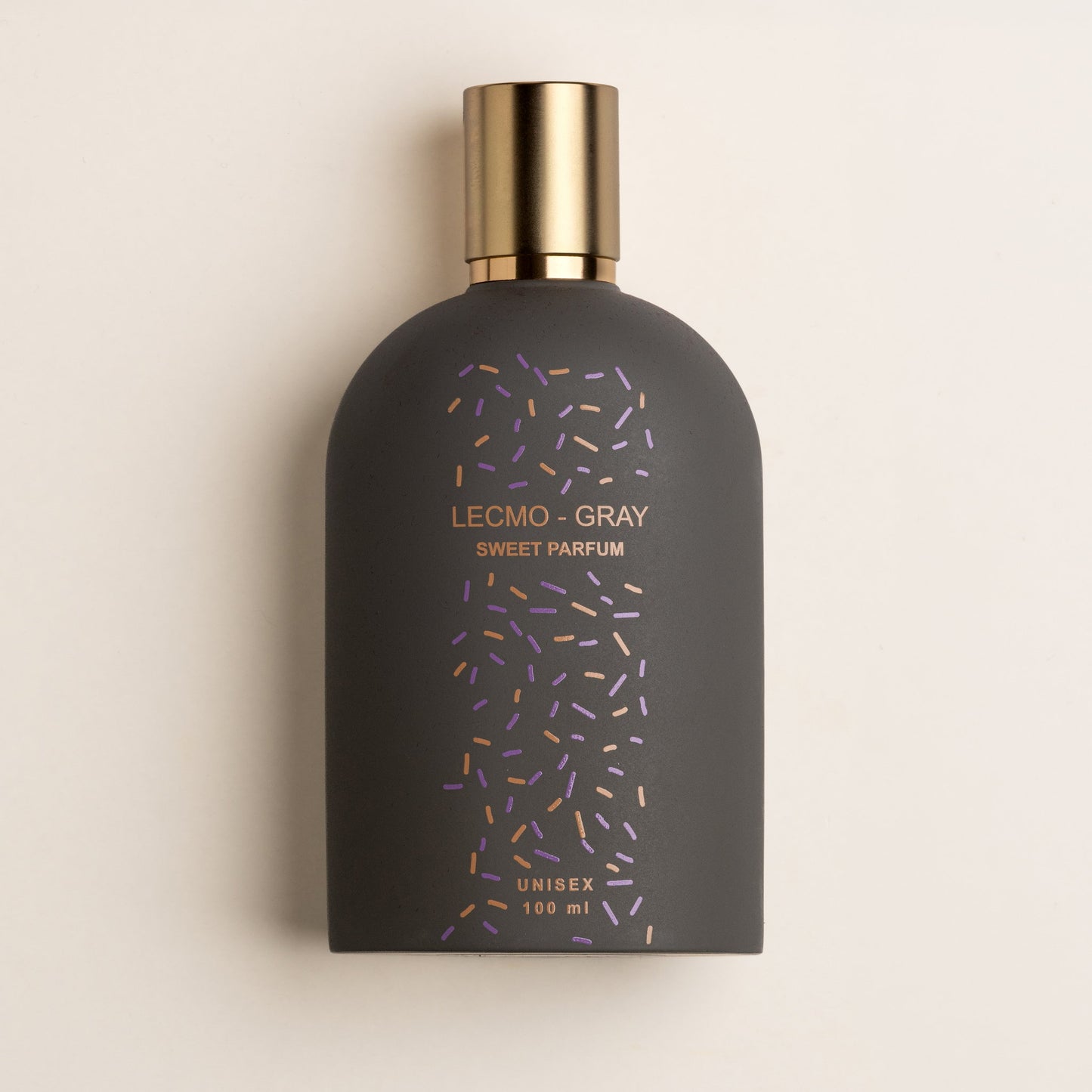 Lecmo Gray Sweet 100 ml, frasco cinza-grafite com tampa dourada
