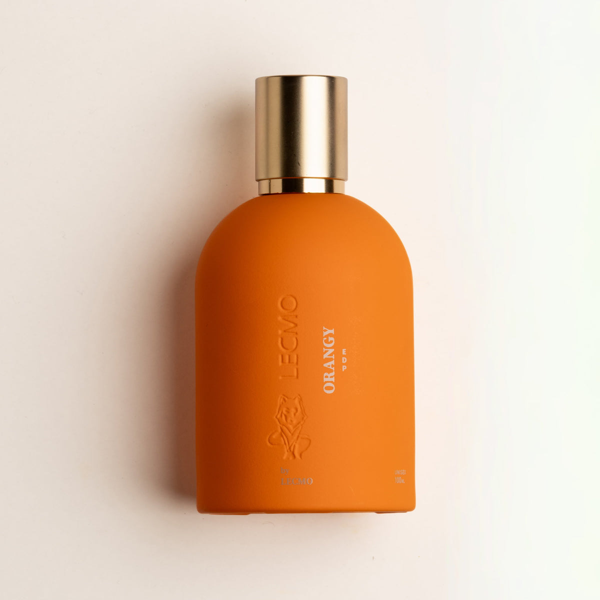 Lecmo Orangy 100 ml, frasco laranja fosco com tampa dourada