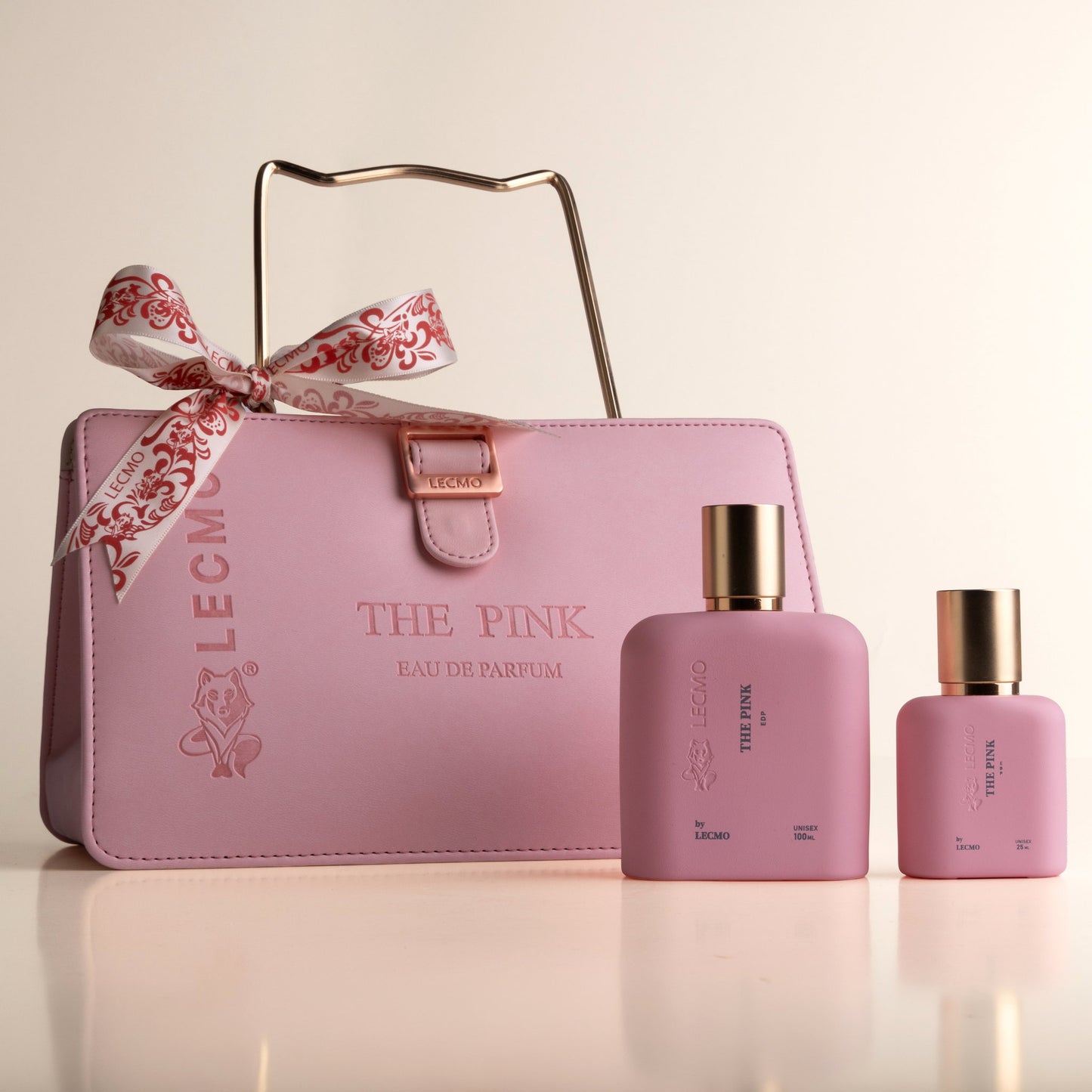 Lecmo The Pink Lady Bag, bolsa rosé com os frascos e laço