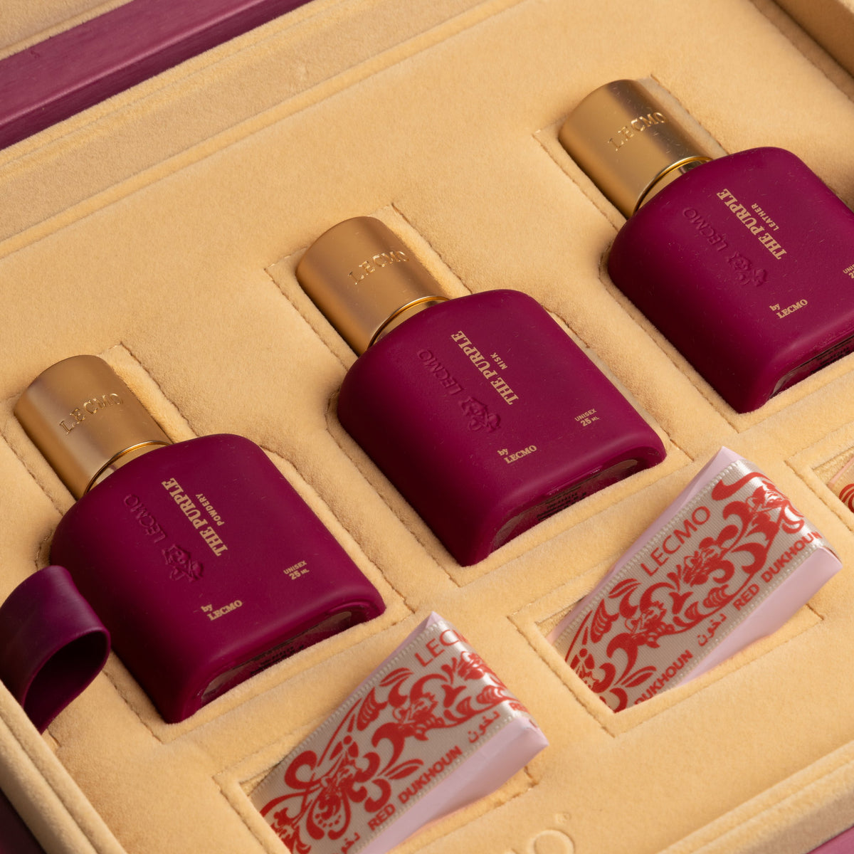 Lecmo The Purple Collection, caixa com os frascos