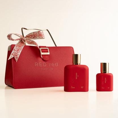 Lecmo Red Red Lady Bag, bolsa vermelha com os frascos e laço